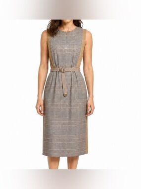 Akris Punto Glen Check Plaid Wool Belted Midi Dress Tan Black Size 8